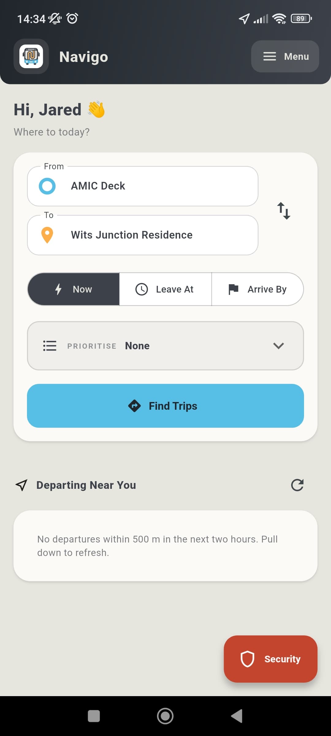 Navigo app dashboard showing a trip search from AMIC Deck to Wits Junction Residence