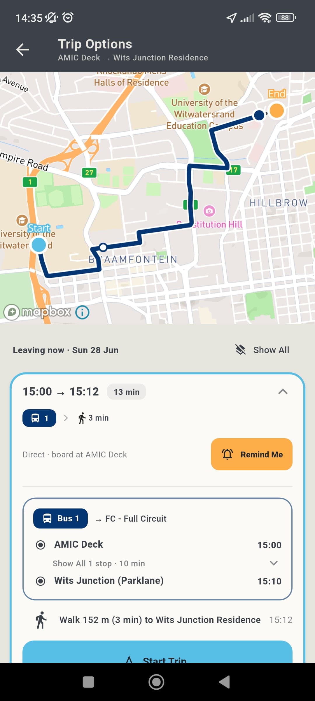 Navigo trip options screen showing a mapped route from AMIC Deck to Wits Junction Residence