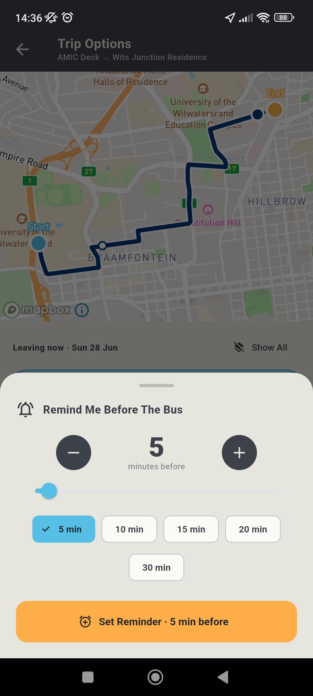 Navigo reminder sheet for setting an alert before the bus leaves