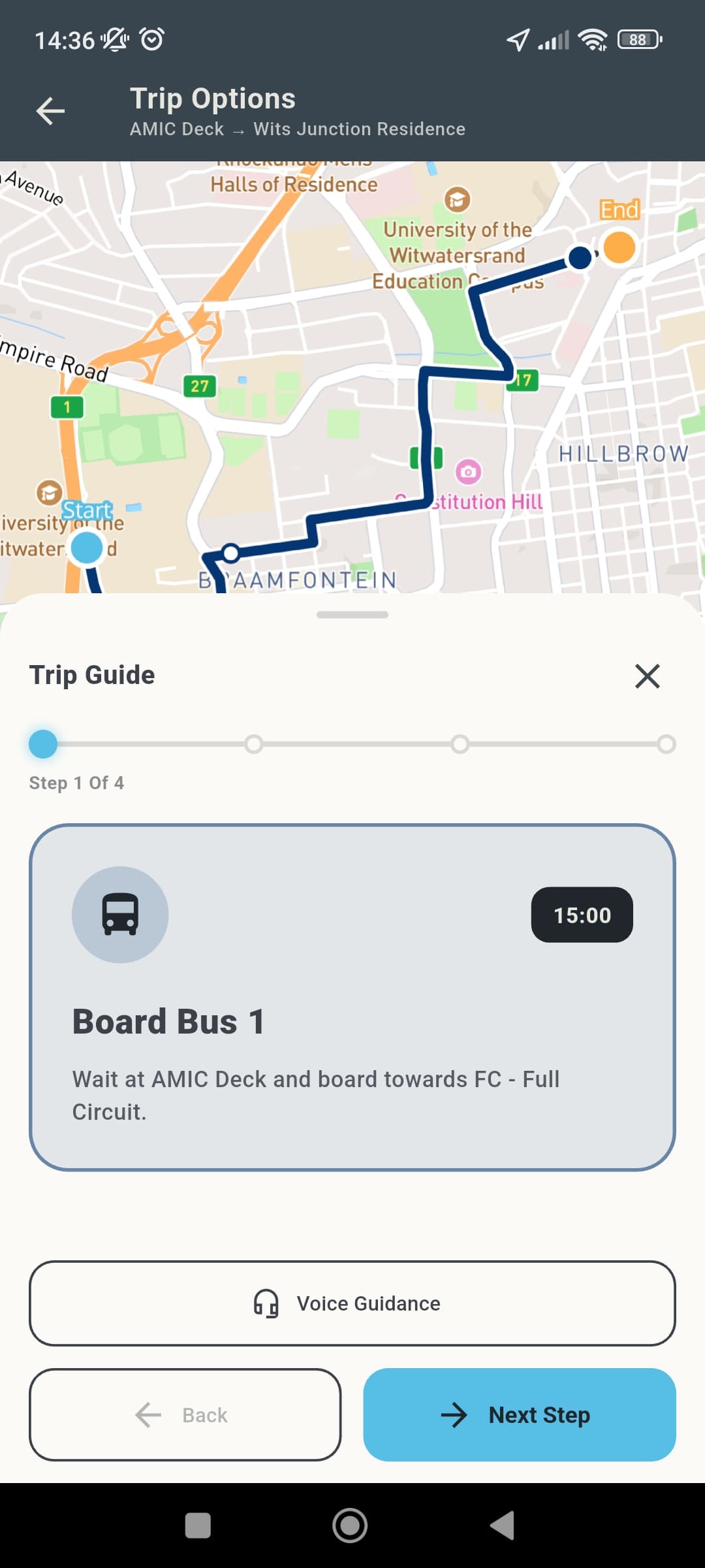 Navigo trip guide showing step one to board Bus 1 at AMIC Deck