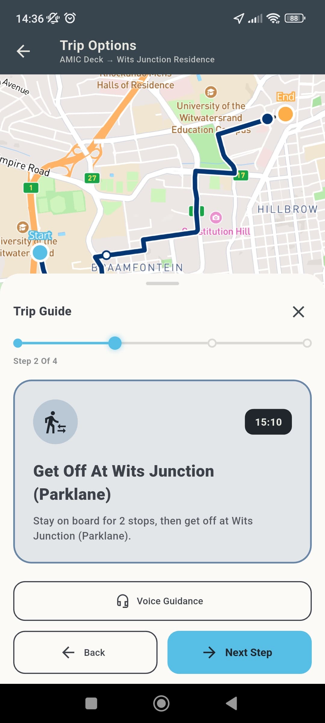 Navigo trip guide showing step two to get off at Wits Junction Parklane