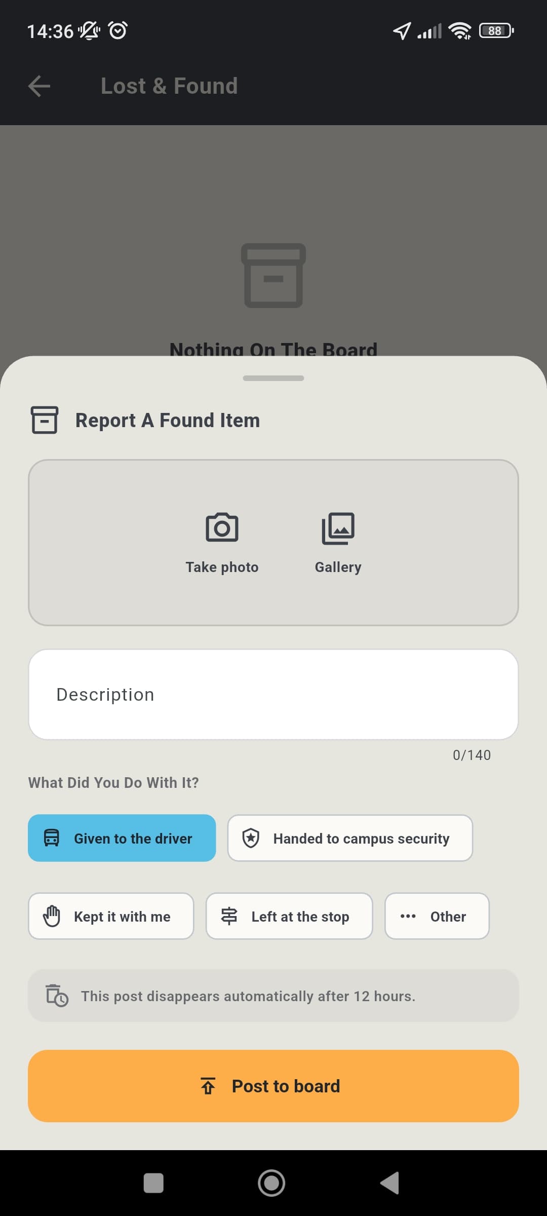 Navigo lost and found screen for reporting a found item