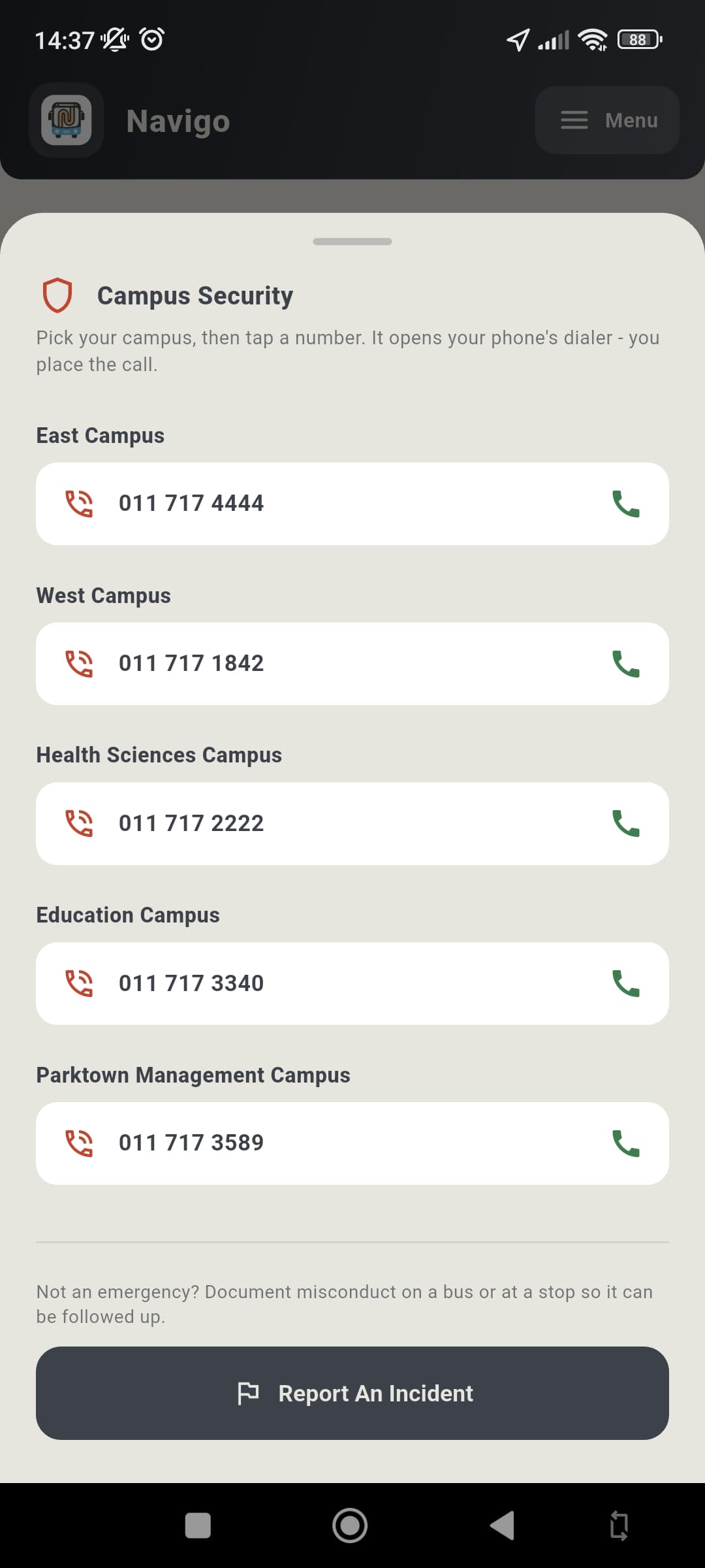Navigo campus security screen listing Wits campus phone numbers